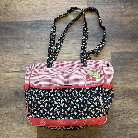 Vintage Mary Engelbreit Baby Diaper Bag Gingham Cherries Flowers Pockets - Picture 1 of 10